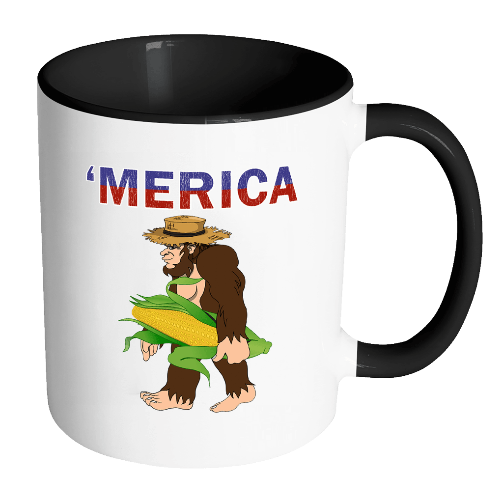 RobustCreative-Southern Bigfoot Sasquatch Corn - Merica 11oz Funny Black & White Coffee Mug - American Flag 4th of July Independence Day - Women Men Friends Gift - Both Sides Printed (Distressed)