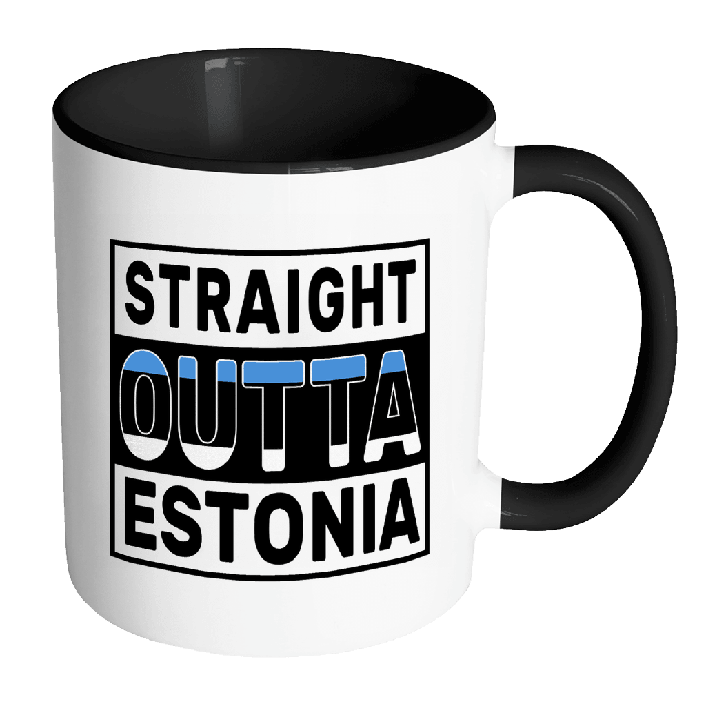 RobustCreative-Straight Outta Estonia - Estonian Flag 11oz Funny Black & White Coffee Mug - Independence Day Family Heritage - Women Men Friends Gift - Both Sides Printed (Distressed)
