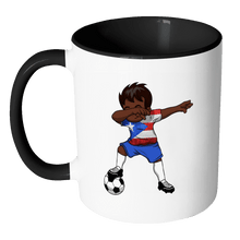 Load image into Gallery viewer, RobustCreative-Dabbing Soccer Boy Puerto Rico Puerto Rican Boricua Gifts National Soccer Tournament Game 11oz Black &amp; White Coffee Mug ~ Both Sides Printed
