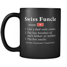Load image into Gallery viewer, RobustCreative-Swiss Funcle Definition Fathers Day Gift - Swiss Pride 11oz Funny Black Coffee Mug - Real Switzerland Hero Papa National Heritage - Friends Gift - Both Sides Printed
