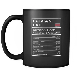 RobustCreative-Latvian Dad, Nutrition Facts Fathers Day Hero Gift - Latvian Pride 11oz Funny Black Coffee Mug - Real Latvia Hero Papa National Heritage - Friends Gift - Both Sides Printed