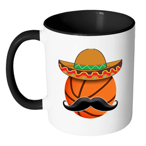 RobustCreative-Funny Basketball Mustache Mexican Sports - Cinco De Mayo Mexican Fiesta - No Siesta Mexico Party - 11oz Black & White Funny Coffee Mug Women Men Friends Gift ~ Both Sides Printed