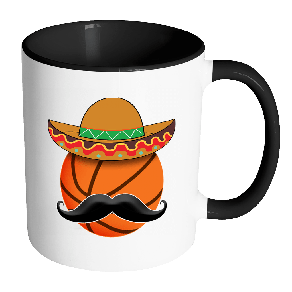 RobustCreative-Funny Basketball Mustache Mexican Sports - Cinco De Mayo Mexican Fiesta - No Siesta Mexico Party - 11oz Black & White Funny Coffee Mug Women Men Friends Gift ~ Both Sides Printed