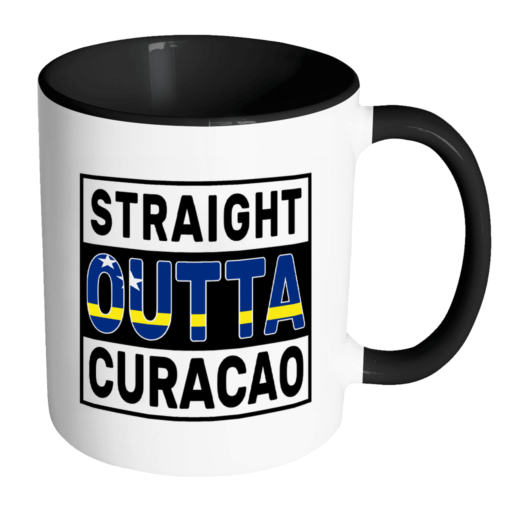 RobustCreative-Straight Outta Curacao - Curaaoan Flag 11oz Funny Black & White Coffee Mug - Independence Day Family Heritage - Women Men Friends Gift - Both Sides Printed (Distressed)