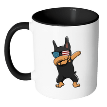 Load image into Gallery viewer, RobustCreative-Dabbing Doberman Pinscher Dog America Flag - Patriotic Merica Murica Pride - 4th of July USA Independence Day - 11oz Black &amp; White Funny Coffee Mug Women Men Friends Gift ~ Both Sides Printed
