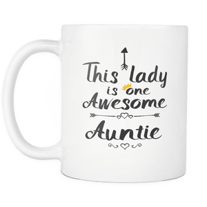 RobustCreative-One Awesome Auntie - Birthday Gift 11oz Funny White Coffee Mug - Mothers Day B-Day Party - Women Men Friends Gift - Both Sides Printed (Distressed)