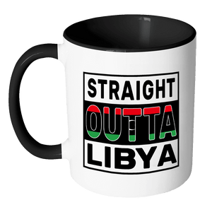RobustCreative-Straight Outta Libya - Libyan Flag 11oz Funny Black & White Coffee Mug - Independence Day Family Heritage - Women Men Friends Gift - Both Sides Printed (Distressed)