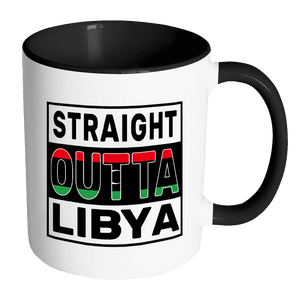 RobustCreative-Straight Outta Libya - Libyan Flag 11oz Funny Black & White Coffee Mug - Independence Day Family Heritage - Women Men Friends Gift - Both Sides Printed (Distressed)
