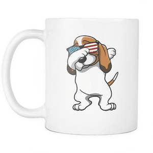 RobustCreative-Dabbing Basset Hound Dog America Flag - Patriotic Merica Murica Pride - 4th of July USA Independence Day - 11oz White Funny Coffee Mug Women Men Friends Gift ~ Both Sides Printed