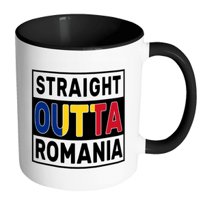 RobustCreative-Straight Outta Romania - Romanian Flag 11oz Funny Black & White Coffee Mug - Independence Day Family Heritage - Women Men Friends Gift - Both Sides Printed (Distressed)