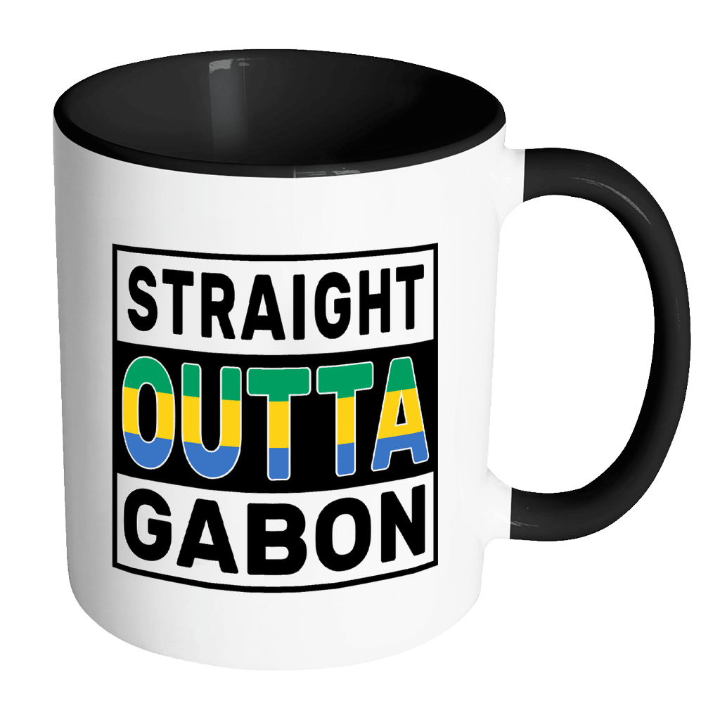 RobustCreative-Straight Outta Gabon - Gabonese Flag 11oz Funny Black & White Coffee Mug - Independence Day Family Heritage - Women Men Friends Gift - Both Sides Printed (Distressed)