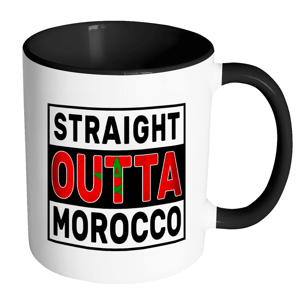RobustCreative-Straight Outta Morocco - Moroccan Flag 11oz Funny Black & White Coffee Mug - Independence Day Family Heritage - Women Men Friends Gift - Both Sides Printed (Distressed)