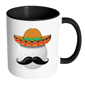 RobustCreative-Funny Golf Ball Mustache Mexican Sports - Cinco De Mayo Mexican Fiesta - No Siesta Mexico Party - 11oz Black & White Funny Coffee Mug Women Men Friends Gift ~ Both Sides Printed