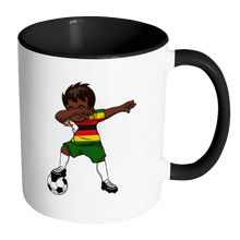 Load image into Gallery viewer, RobustCreative-Dabbing Soccer Boy Zimbabwe Zimbabwean Harare Gifts National Soccer Tournament Game 11oz Black &amp; White Coffee Mug ~ Both Sides Printed
