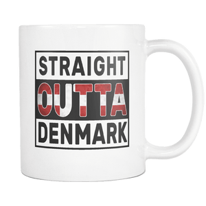 RobustCreative-Straight Outta Denmark - Danish Flag 11oz Funny White Coffee Mug - Independence Day Family Heritage - Women Men Friends Gift - Both Sides Printed (Distressed)