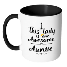 Load image into Gallery viewer, RobustCreative-One Awesome Auntie - Birthday Gift 11oz Funny Black &amp; White Coffee Mug - Mothers Day B-Day Party - Women Men Friends Gift - Both Sides Printed (Distressed)
