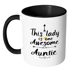 RobustCreative-One Awesome Auntie - Birthday Gift 11oz Funny Black & White Coffee Mug - Mothers Day B-Day Party - Women Men Friends Gift - Both Sides Printed (Distressed)