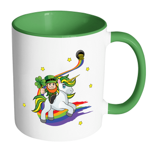 RobustCreative-St Patricks Day Coffee Mug Leprechaun riding on Irish Unicorn holding Shamrock white/green 11 oz