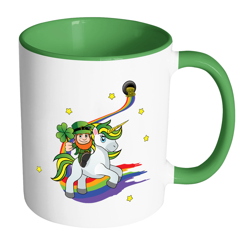 RobustCreative-St Patricks Day Coffee Mug Leprechaun riding on Irish Unicorn holding Shamrock white/green 11 oz