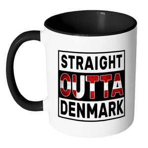 RobustCreative-Straight Outta Denmark - Danish Flag 11oz Funny Black & White Coffee Mug - Independence Day Family Heritage - Women Men Friends Gift - Both Sides Printed (Distressed)