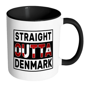 RobustCreative-Straight Outta Denmark - Danish Flag 11oz Funny Black & White Coffee Mug - Independence Day Family Heritage - Women Men Friends Gift - Both Sides Printed (Distressed)