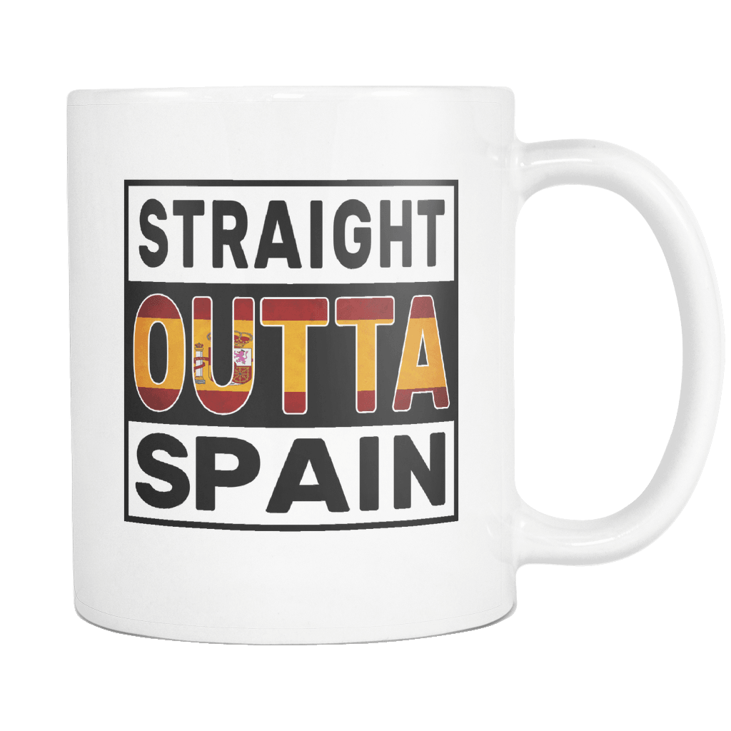 RobustCreative-Straight Outta Spain - Spanish Flag 11oz Funny White Coffee Mug - Independence Day Family Heritage - Women Men Friends Gift - Both Sides Printed (Distressed)