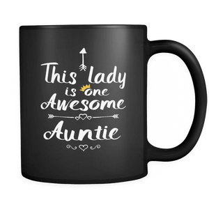 RobustCreative-One Awesome Auntie - Birthday Gift 11oz Funny Black Coffee Mug - Mothers Day B-Day Party - Women Men Friends Gift - Both Sides Printed (Distressed)