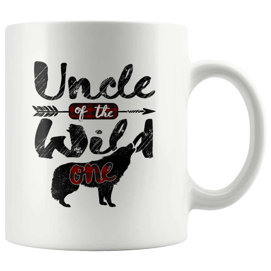 RobustCreative-Strong Uncle of the Wild One Wolf 1st Birthday Wolves - 11oz White Mug red black plaid pajamas Gift Idea