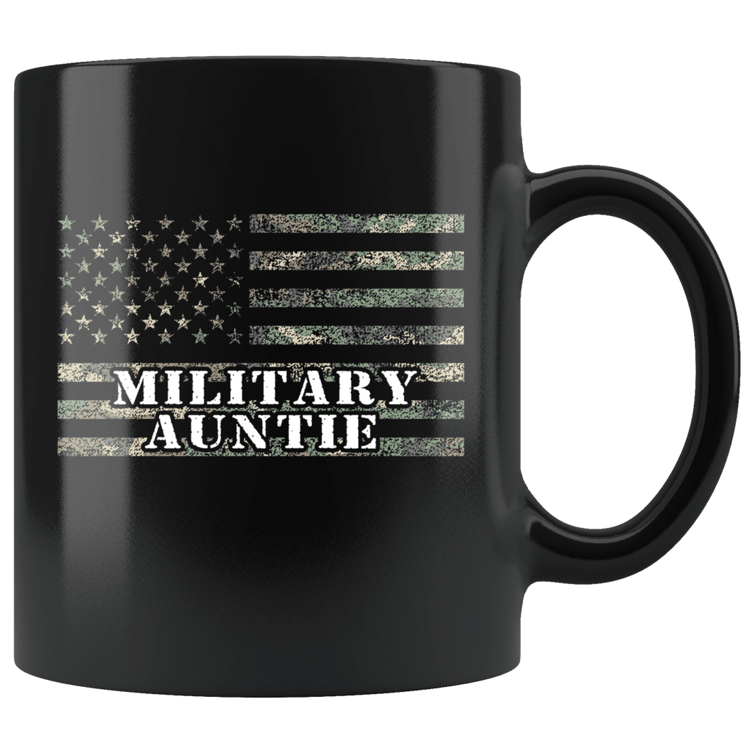 RobustCreative-American Camo Flag Auntie USA Patriot Family - Military Family 11oz Black Mug Active Component on Duty support troops Gift Idea - Both Sides Printed