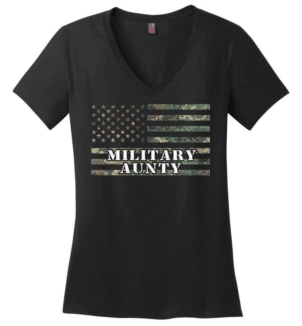 RobustCreative-American Camo Flag Aunty Womens V-Neck shirt USA Patriot Family Active Component on Duty Black