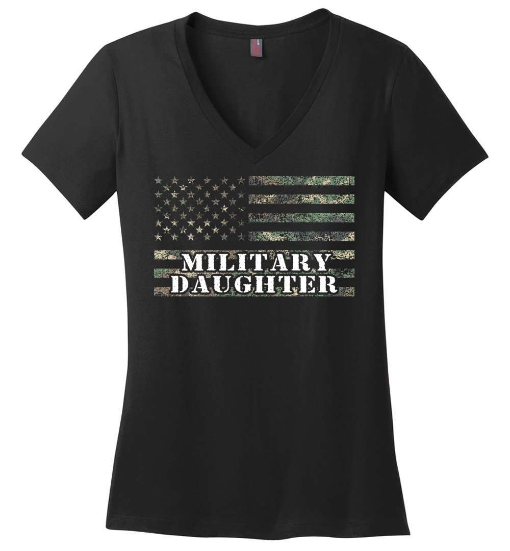 RobustCreative-American Camo Flag Daughter Womens V-Neck shirt USA Patriot Family Active Component on Duty Black