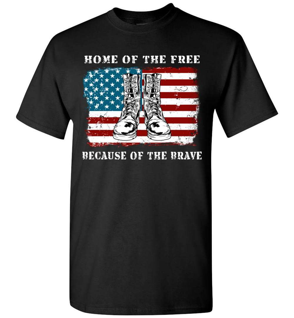 RobustCreative-American Flag T-shirt Home of the Free Combat Boots Veterans Deployed Duty Forces Black