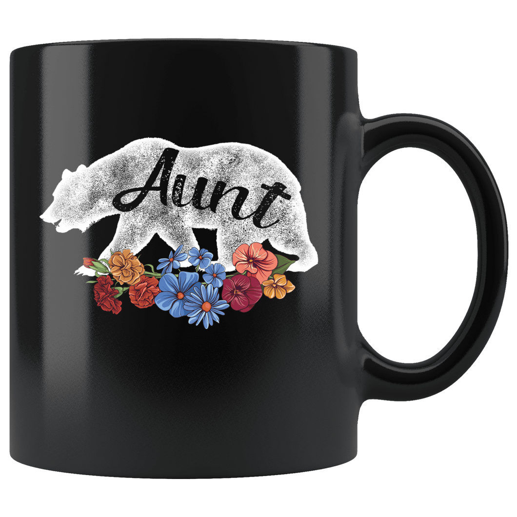 RobustCreative-Aunt Bear in Flowers Vintage Matching Family Pajama - Bear Family 11oz Funny Black Coffee Mug - Retro Family Camper Adventurer Hiker - Friends Gift - Both Sides Printed