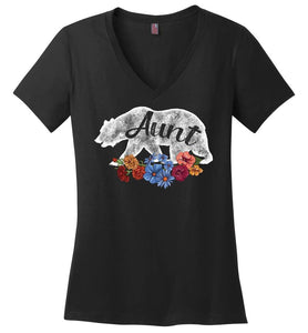 RobustCreative-Aunt Bear in Flowers Vintage Womens V-Neck shirt Matching Family Pajama Retro Family Black