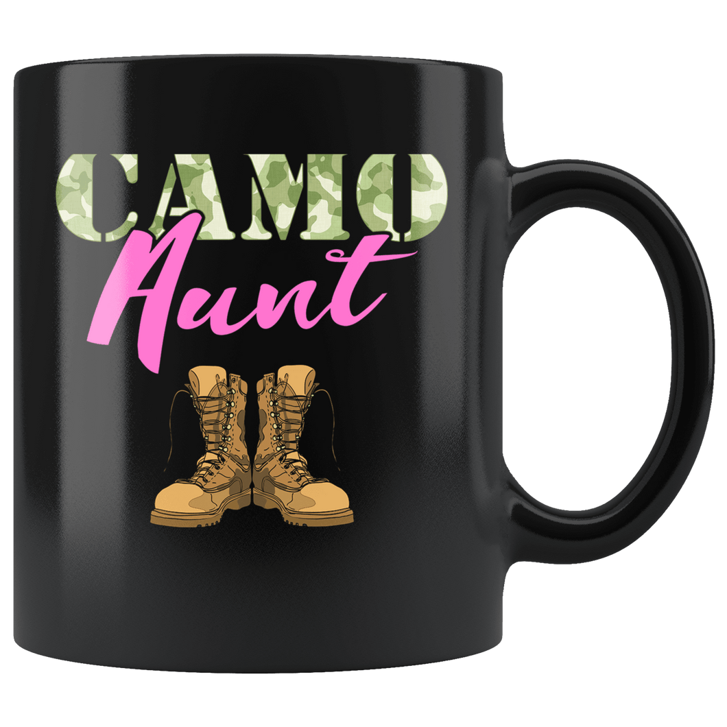 RobustCreative-Aunt Military Boots Camo Hard Charger Camouflage - Military Family 11oz Black Mug Deployed Duty Forces support troops CONUS Gift Idea - Both Sides Printed