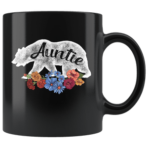 RobustCreative-Auntie Bear in Flowers Vintage Matching Family Pajama - Bear Family 11oz Funny Black Coffee Mug - Retro Family Camper Adventurer Hiker - Friends Gift - Both Sides Printed