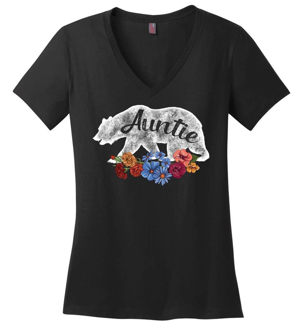 RobustCreative-Auntie Bear in Flowers Vintage Womens V-Neck shirt Matching Family Pajama Retro Family Black