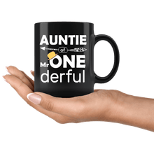 Load image into Gallery viewer, RobustCreative-Auntie of Mr Onederful  1st Birthday Baby Boy Outfit Black 11oz Mug Gift Idea
