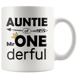 RobustCreative-Auntie of Mr Onederful  1st Birthday Baby Boy Outfit White 11oz Mug Gift Idea