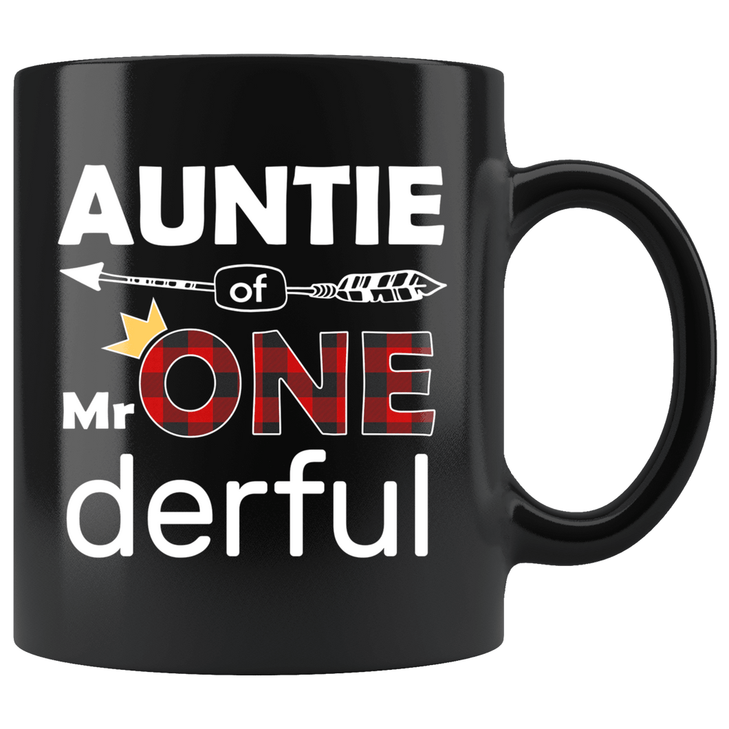 RobustCreative-Auntie of Mr Onederful  1st Birthday Buffalo Plaid Black 11oz Mug Gift Idea