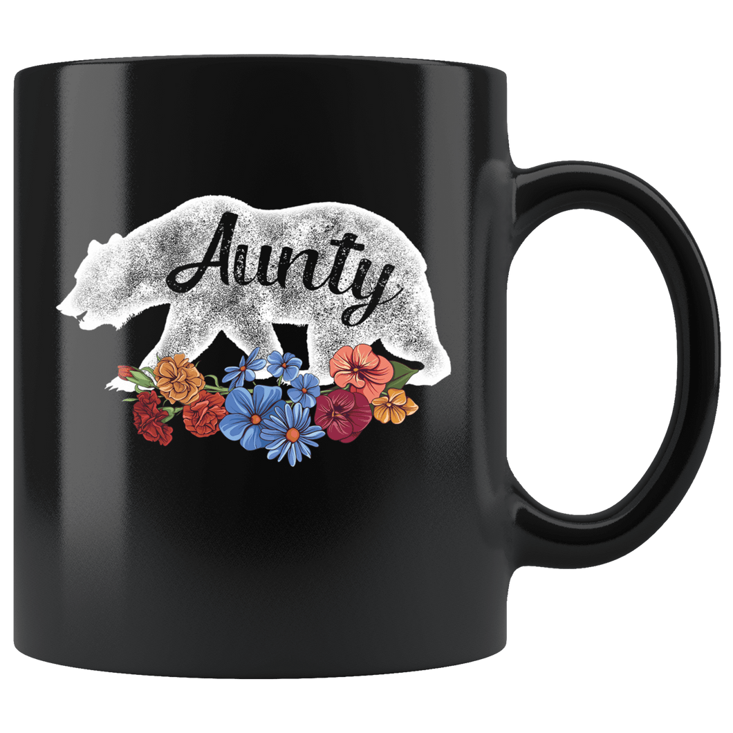 RobustCreative-Aunty Bear in Flowers Vintage Matching Family Pajama - Bear Family 11oz Funny Black Coffee Mug - Retro Family Camper Adventurer Hiker - Friends Gift - Both Sides Printed