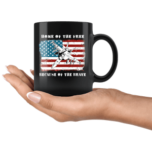 RobustCreative-Jet Fighter American Flag Home of the Free 4th of July - Military Family 11oz Black Mug Deployed Duty Forces support troops CONUS Gift Idea - Both Sides Printed