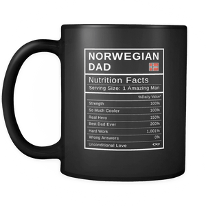 RobustCreative-Norwegian Dad, Nutrition Facts Fathers Day Hero Gift - Norwegian Pride 11oz Funny Black Coffee Mug - Real Norway Hero Papa National Heritage - Friends Gift - Both Sides Printed