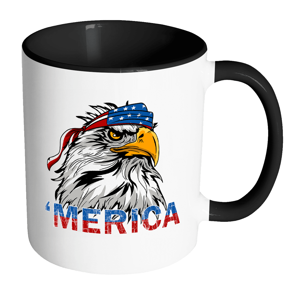 RobustCreative-Merica Eagle Mullet - Merica 11oz Funny Black & White Coffee Mug - American Flag 4th of July Independence Day - Women Men Friends Gift - Both Sides Printed (Distressed)
