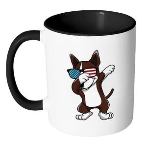 RobustCreative-Dabbing Bull Terrier Dog America Flag - Patriotic Merica Murica Pride - 4th of July USA Independence Day - 11oz Black & White Funny Coffee Mug Women Men Friends Gift ~ Both Sides Printed