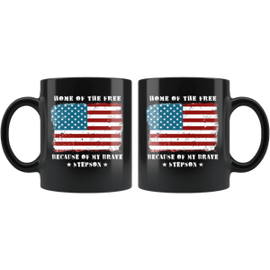 RobustCreative-Home of the Free Stepson Military Family American Flag - Military Family 11oz Black Mug Retired or Deployed support troops Gift Idea - Both Sides Printed