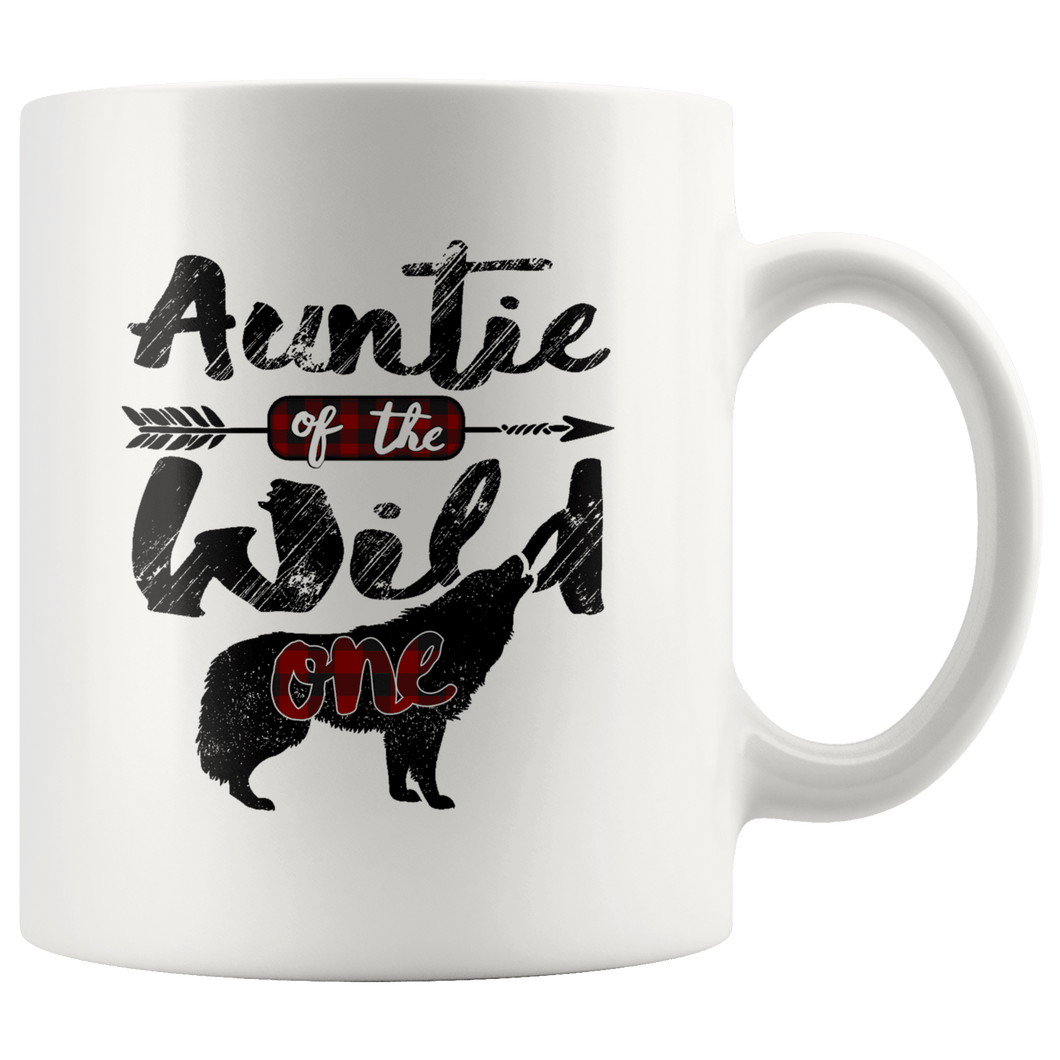 RobustCreative-Strong Auntie of the Wild One Wolf 1st Birthday Wolves - 11oz White Mug red black plaid pajamas Gift Idea