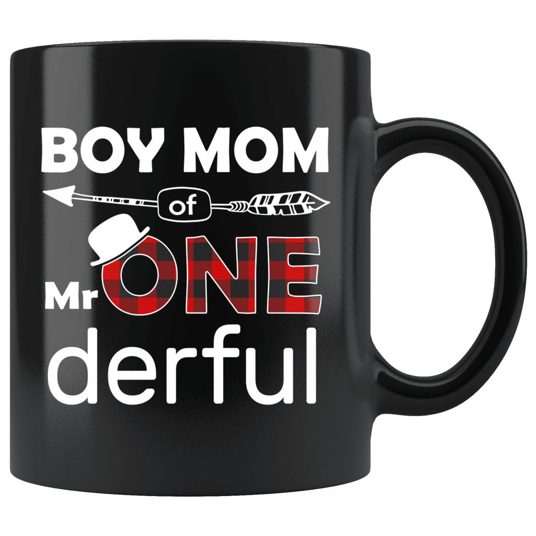 RobustCreative-Boy Mom of Mr Onederful  1st Birthday Buffalo Plaid Black 11oz Mug Gift Idea