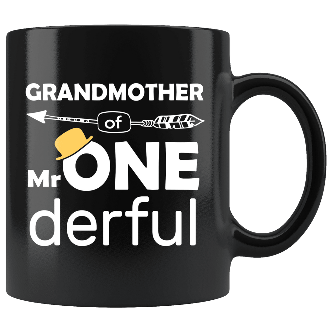 RobustCreative-Grandmother of Mr Onederful  1st Birthday Baby Boy Outfit Black 11oz Mug Gift Idea