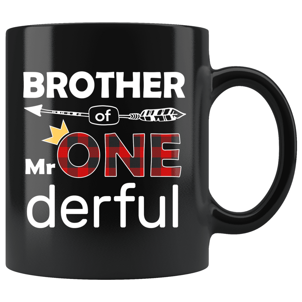 RobustCreative-Brother of Mr Onederful Crown 1st Birthday Buffalo Plaid Black 11oz Mug Gift Idea